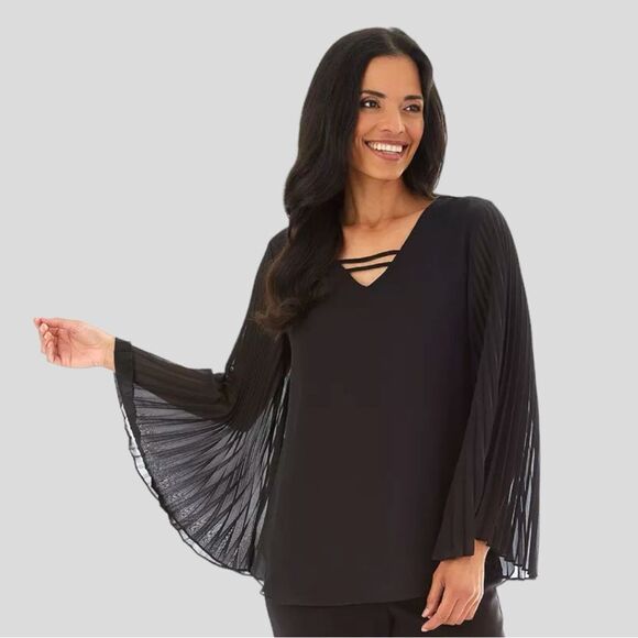Apt9 adorable black top with wide pleated sleeves! Cute crisscross in front. New - Picture 1 of 10
